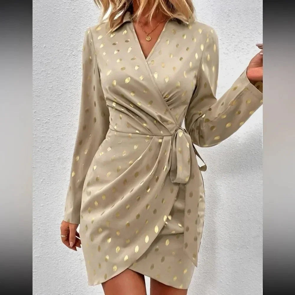 SHEIN Clasi Gold Dot Print Knot Side Wrap Dress Size M